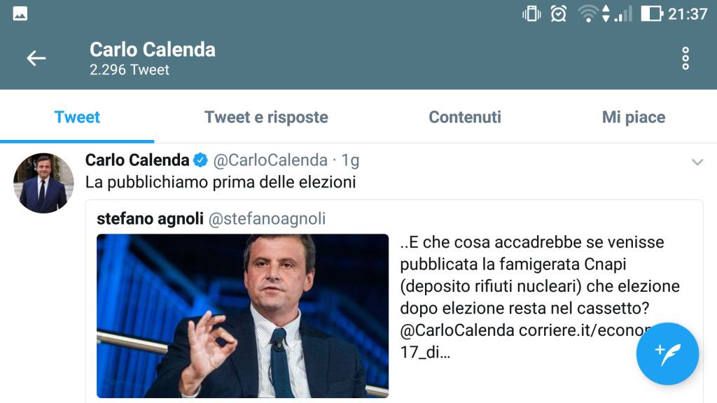 Il tweet del ministro Calenda