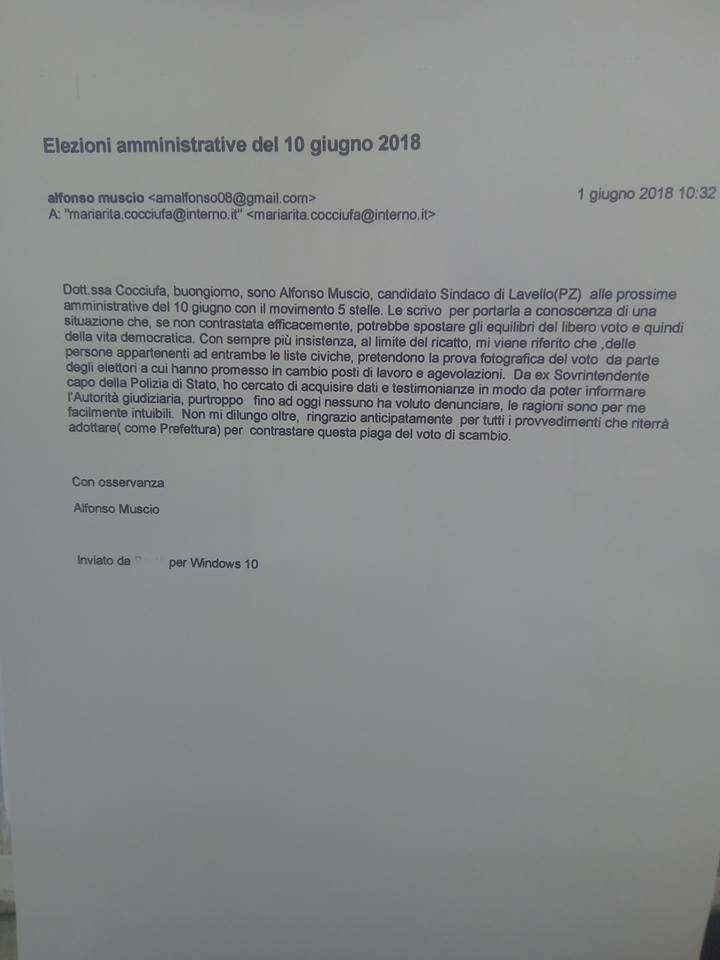 “Voto in cambio di lavoro e agevolazioni”, la denuncia del candidato pentastellato alle elezioni di Lavello
