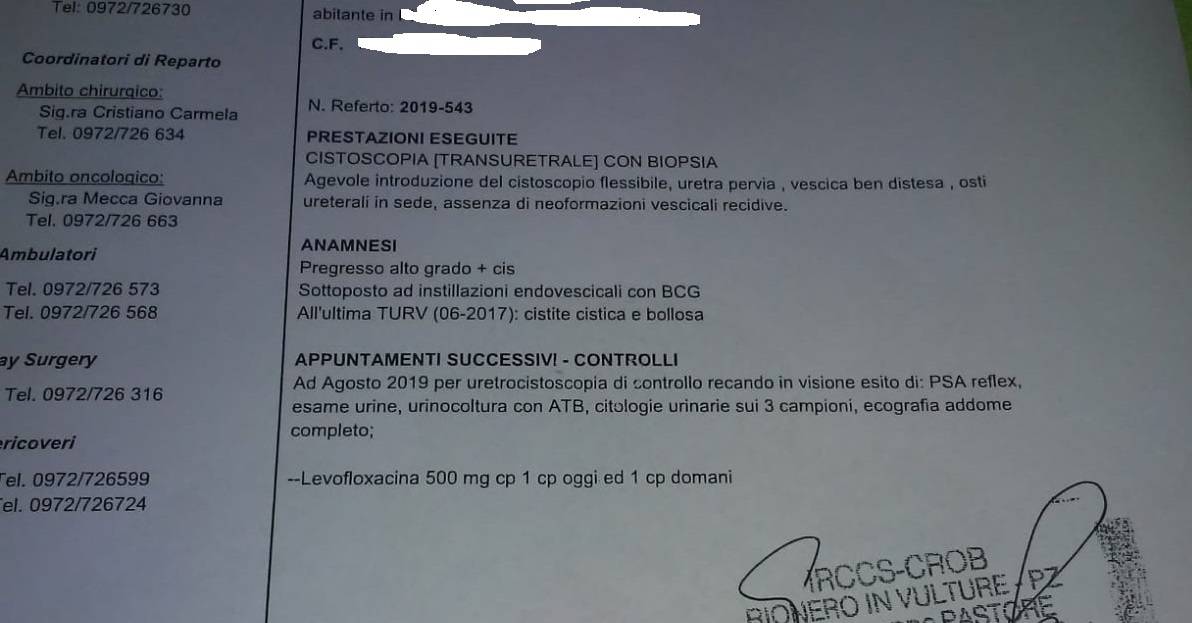 Ho il cancro, dovevo fare un esame importante al Crob e me lo hanno rinviato “sine die”