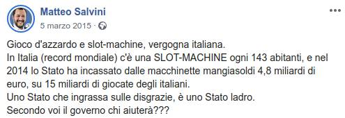 Salvini sul gioco d'azzardo