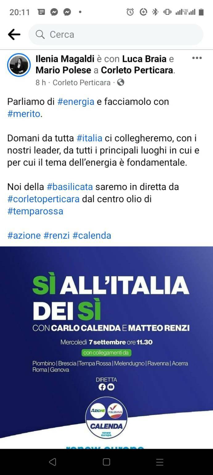 Petrolio e politica. A Tempa Rossa la campagna elettorale di Italia Viva